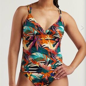 Title Nine One Piece Swimsuit Orange Green Leaf Pattern Braided Back Strap Sz L